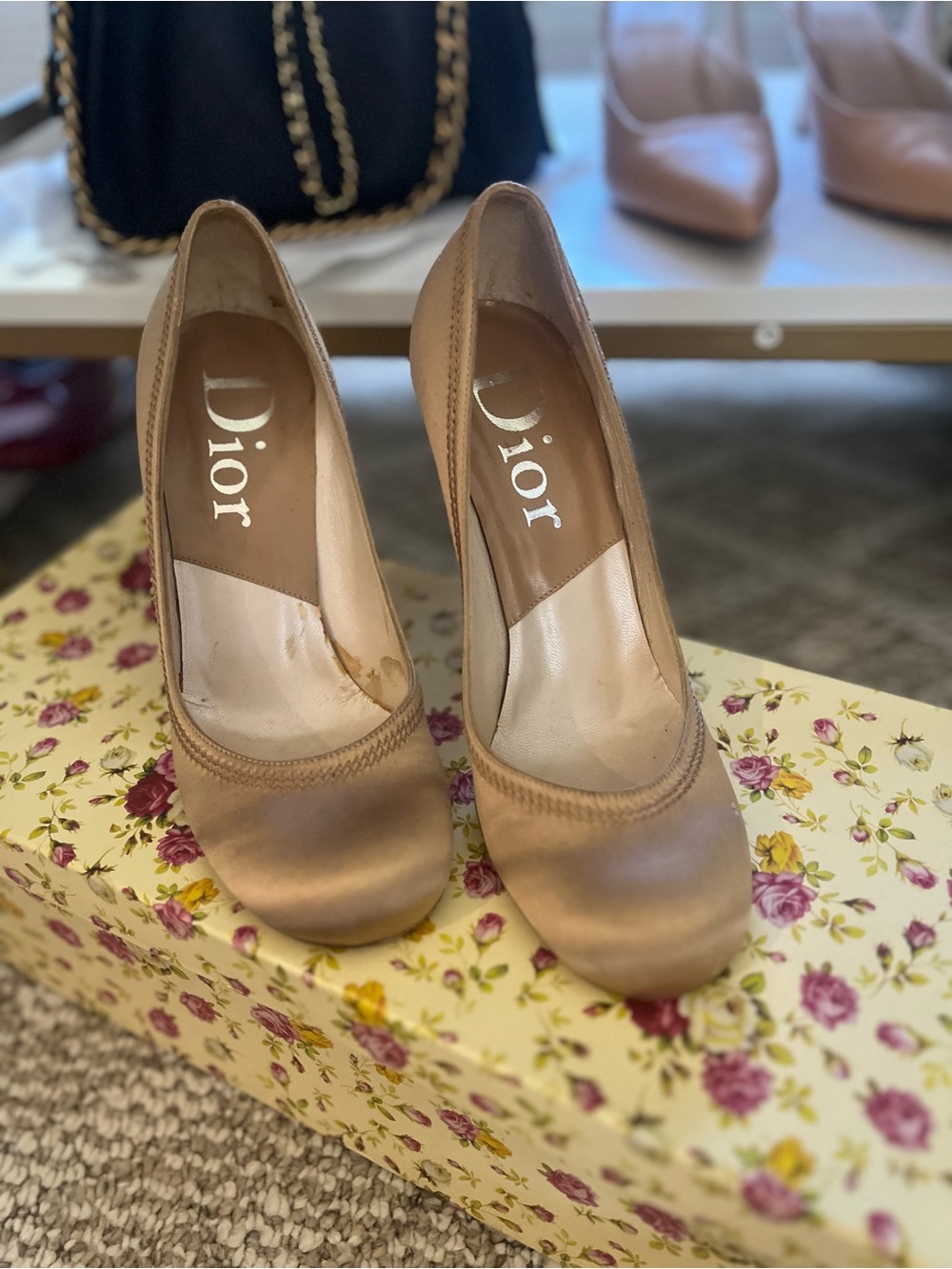 Dior Beige Satin Round-Toe Pumps